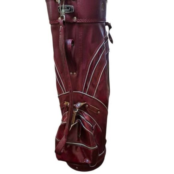 Vintage MacGregor Deep Wine Red Leather Golf Cart Bag w/ Carry Strap & Rain Hood - Picture 7 of 10